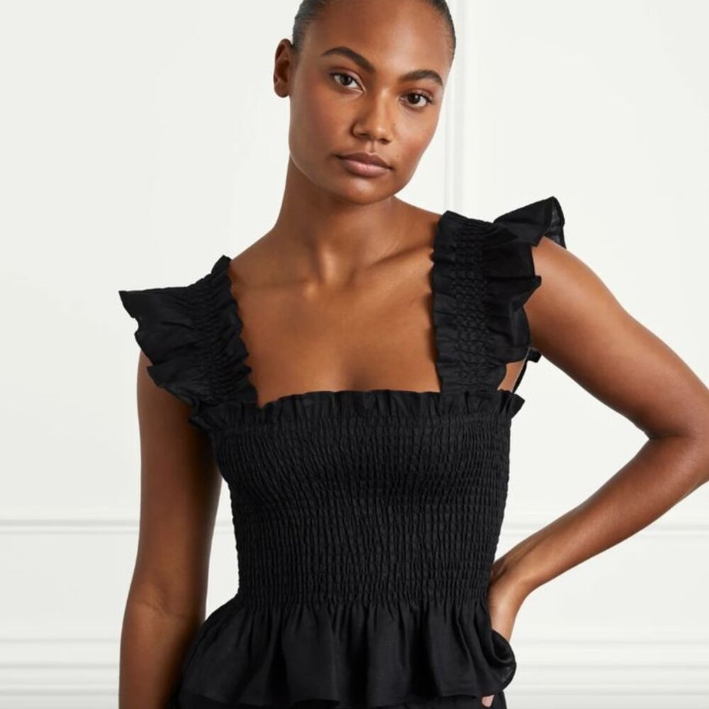 Hill House Black Smocked Ruffle Square-Neck Blouse